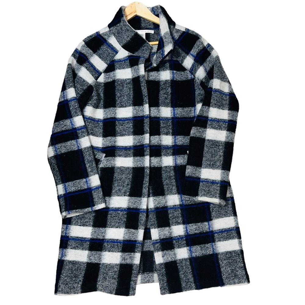 Max Studio Buffalo Plaid Wool Blazer Trench Coat Black White Size M - Picture 2 of 5